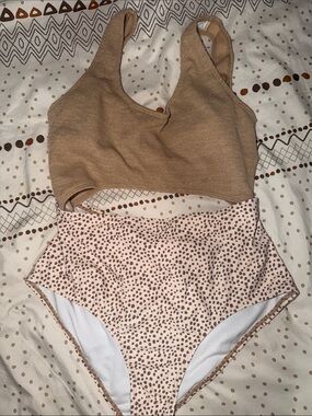 Neutral Two-Piece Bikini Set - Taupe Top & Speckled High-Waist Bottoms